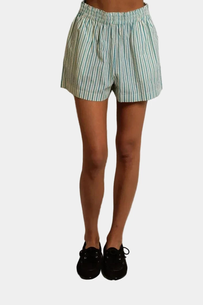 person wearing Perfect white tee Julie shorts in teal blue Front view- East Coast General