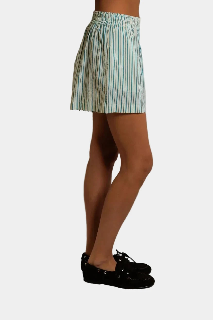 person wearing Perfect white tee Julie shorts in teal blue side view- East Coast General