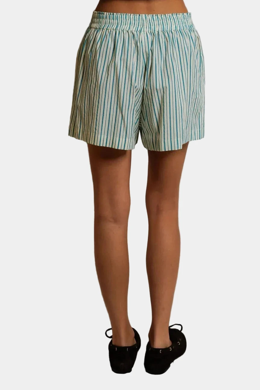 person wearing Perfect white tee Julie shorts in teal blue rear view- East Coast General