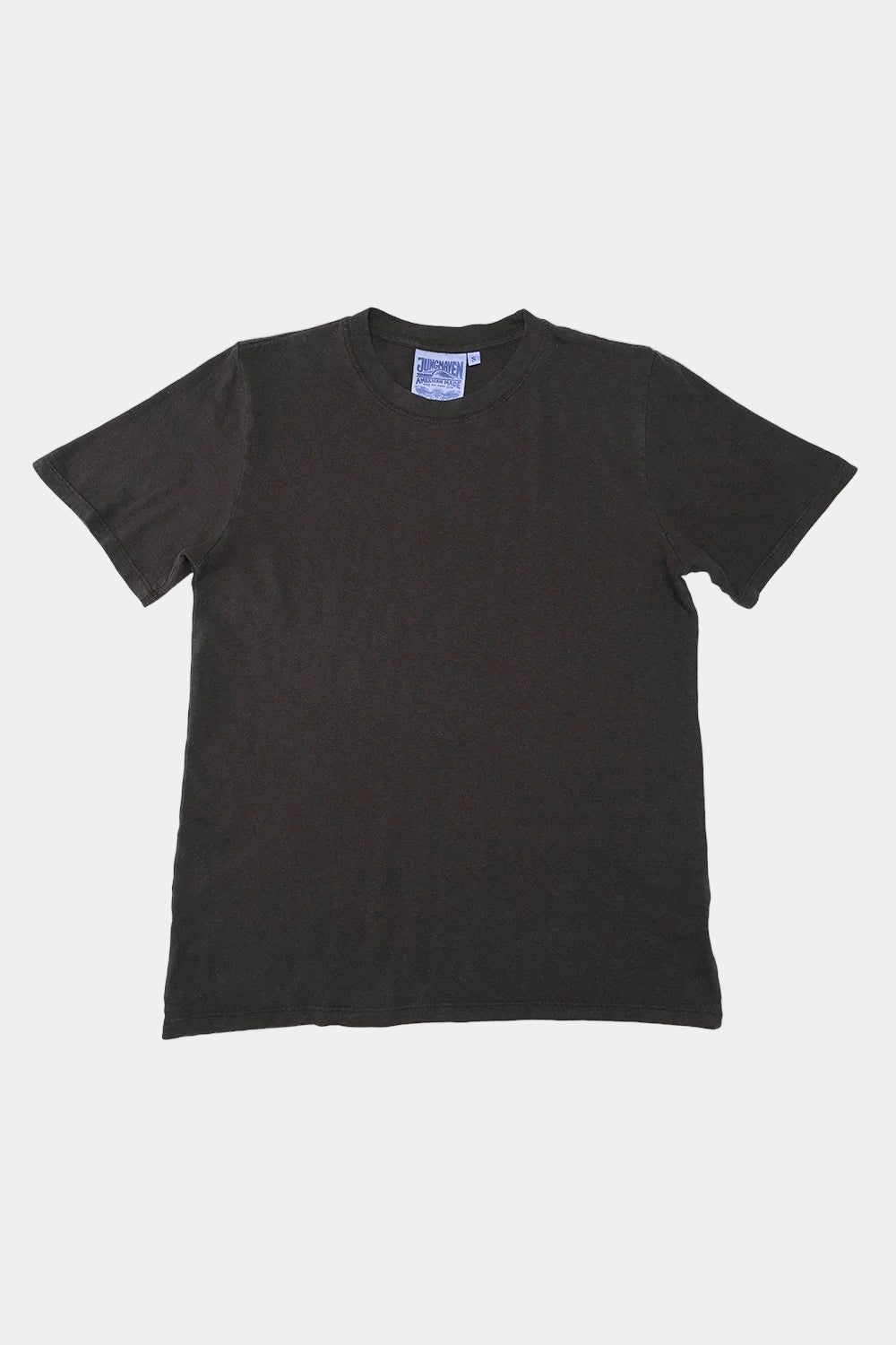 Dark brown t-shirt with a brand label on a white background