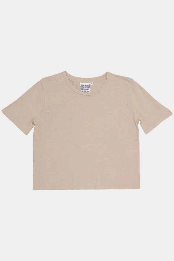 Flat lay of Jungmaven silverlake tee in Stucco beige - East Coast General 