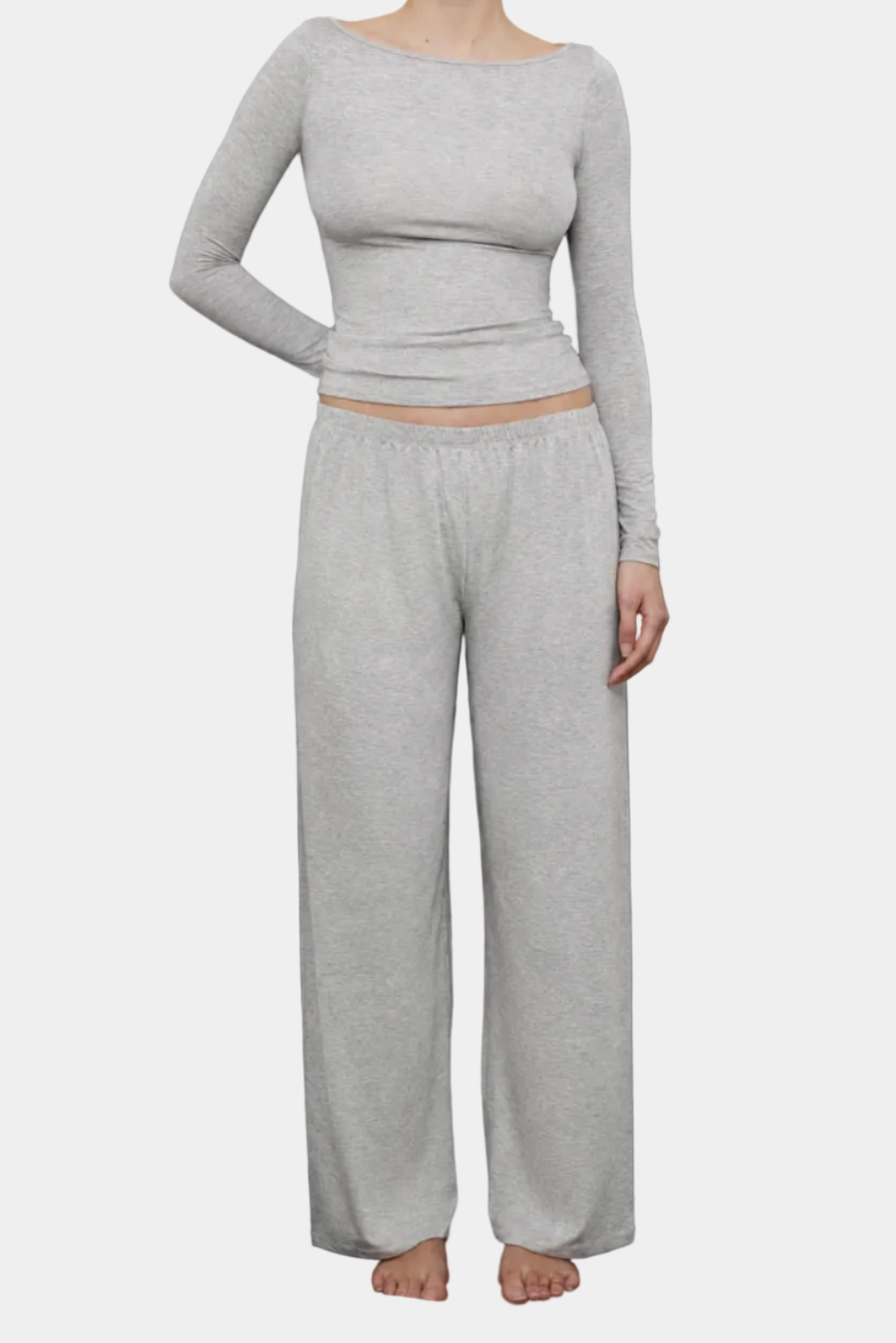 a women wearing the Kye Intimates recline pants in dove grey, viewed from the front