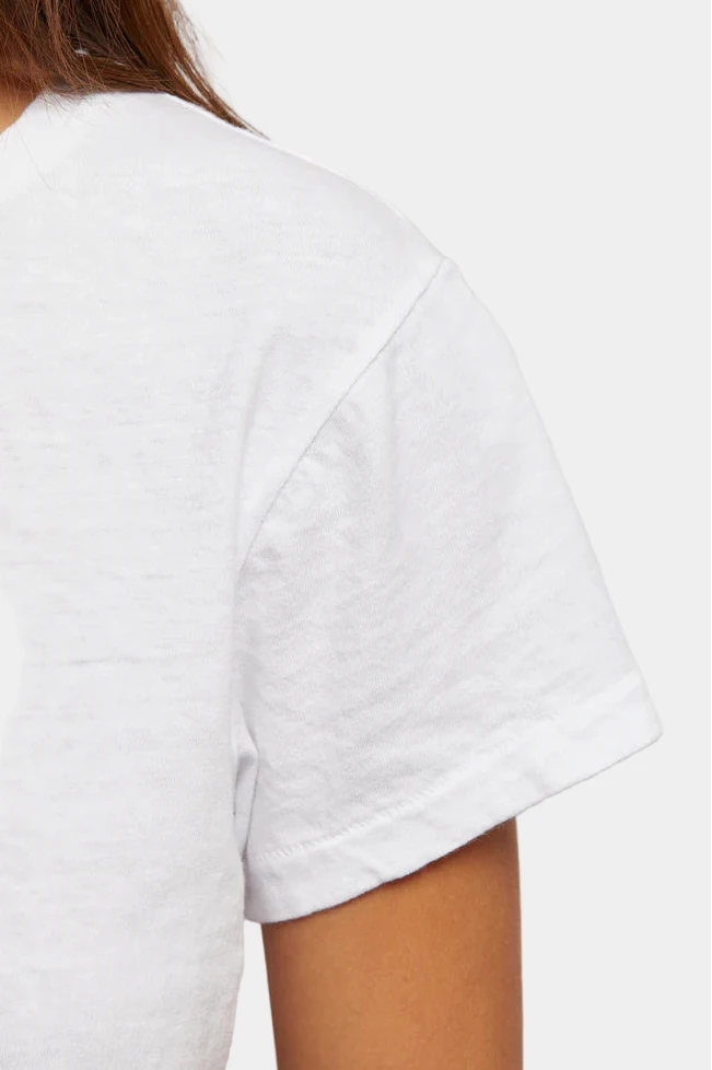 White t-shirt worn by a person on a plain background