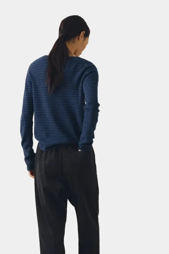 Back view of TOAST blue wool cashmere sweater showing neat fitted silhouette and fine stripe gauge