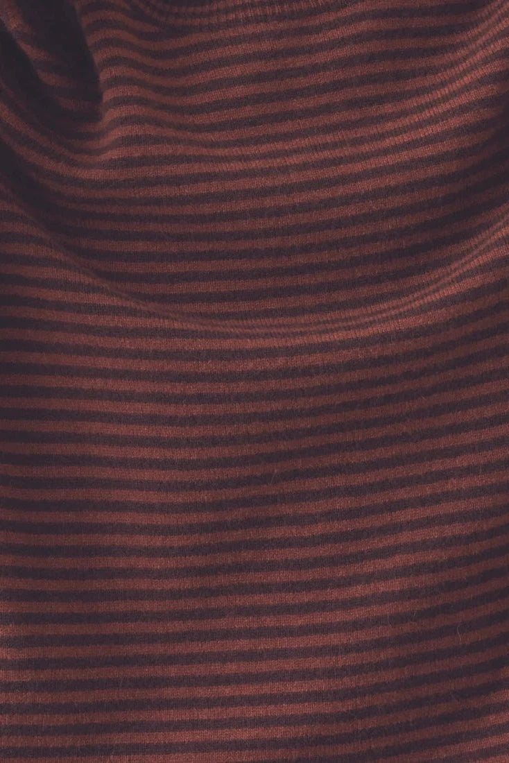 Close up texture of fine burgundy and bordeaux wool cashmere micro-stripe knit on TOAST sweater