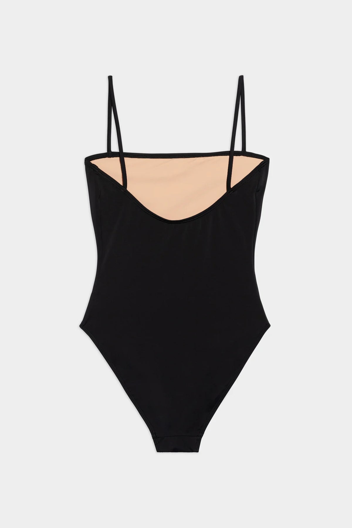 Nu Swim Straight One Piece swimsuit in black minimalist horizontal neckline flat lay rear view - East Coast General