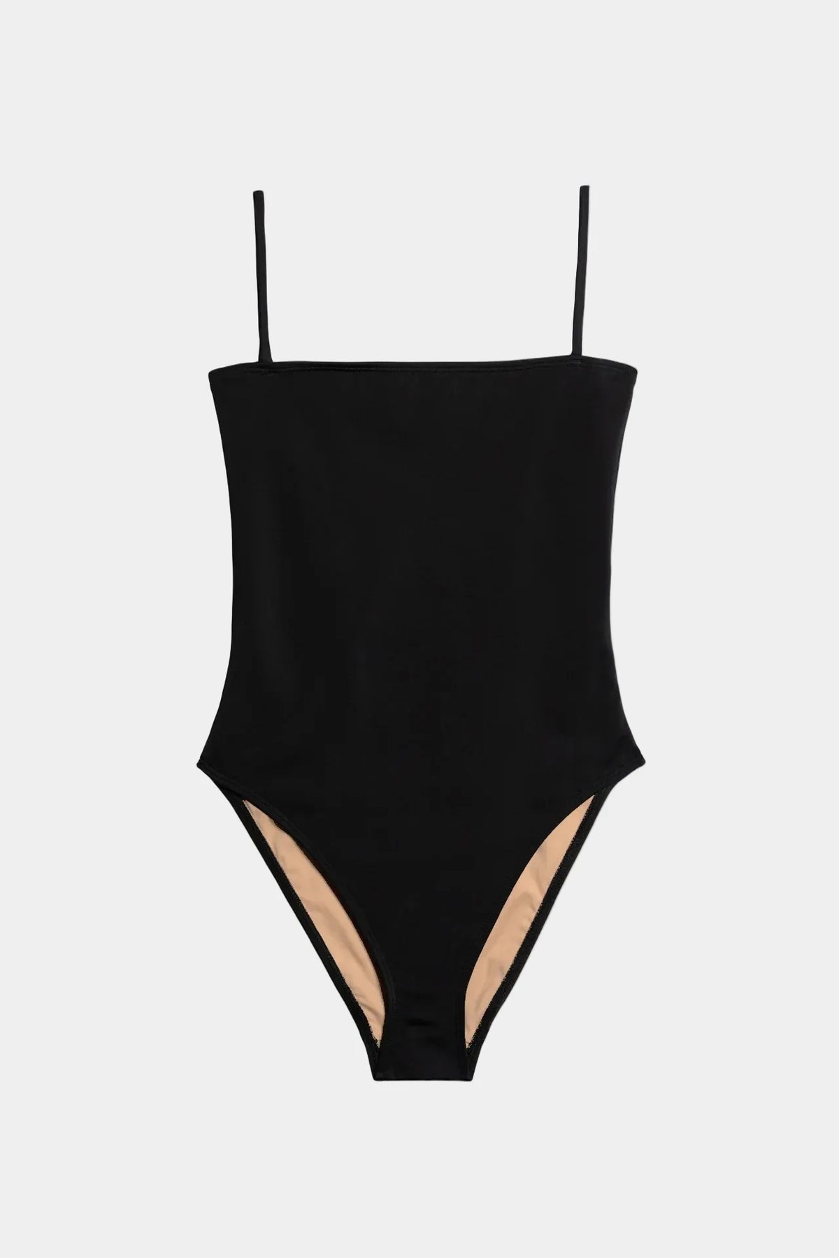 Nu Swim Straight One Piece swimsuit in black minimalist horizontal neckline flat lay - East Coast General
