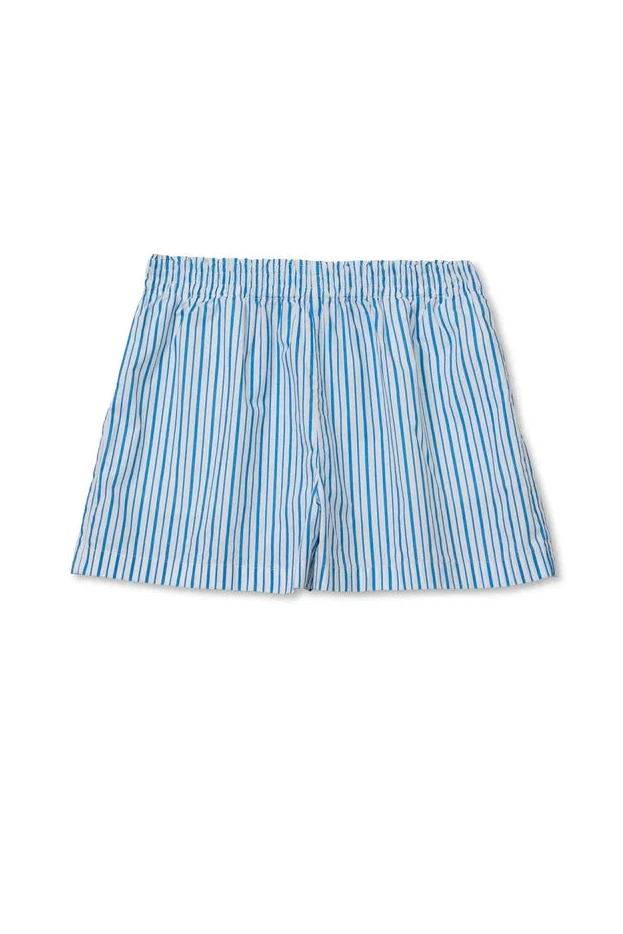 Flat lay of perfect white tee Julie Stripe Cotton Poplin Short with elastic waistband at East Coast General