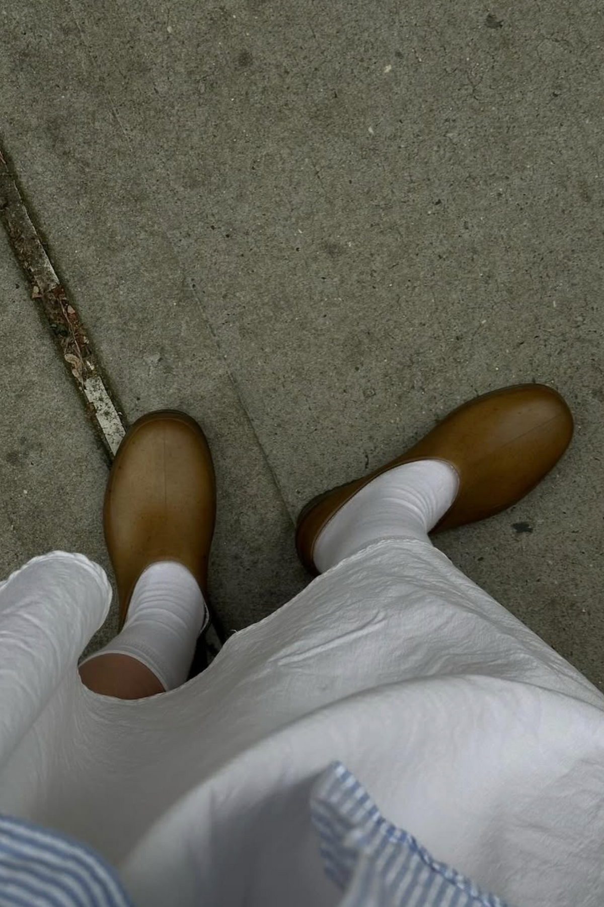 Plasticana Opana Mule in amber hemp Styled with socks and a white skirt - East Coast General