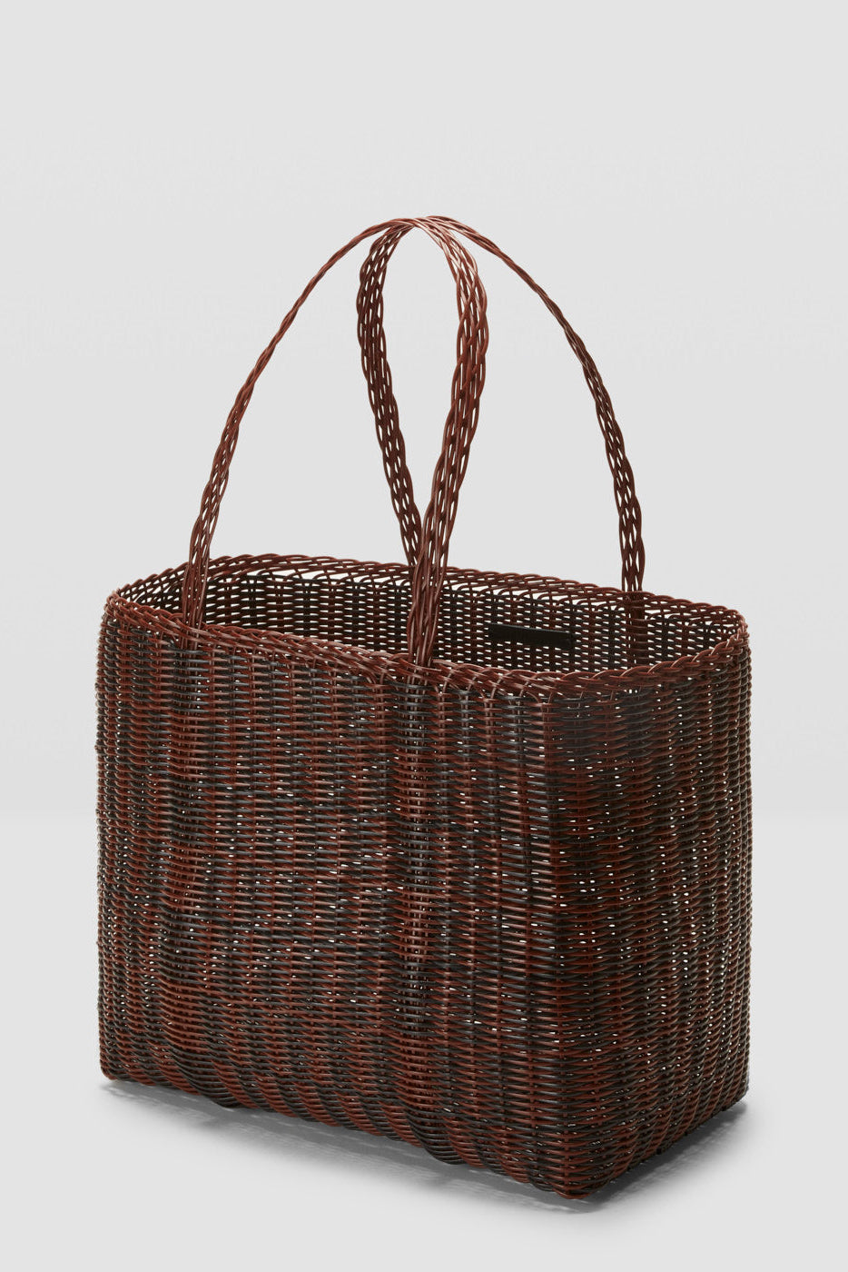 Palorosa Quadretti Medium woven check tote bag in Chocolate and Black three quarter angle