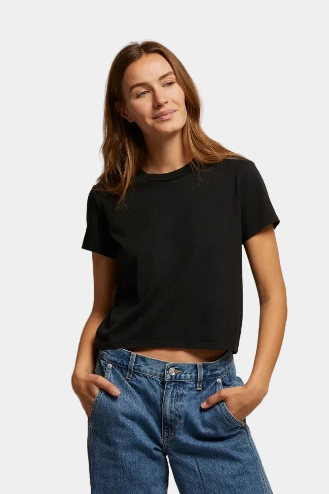 Front view of model wearing perfectwhitetee boxy True Black Springsteen Tee styled with blue denim