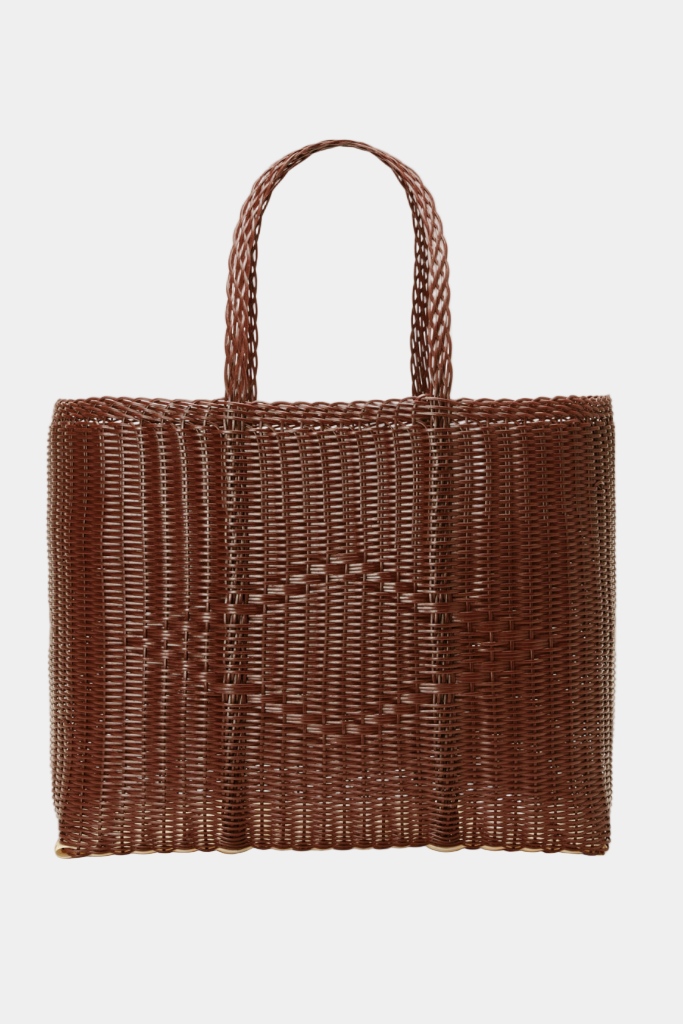 Brown woven tote bag on a light gray background