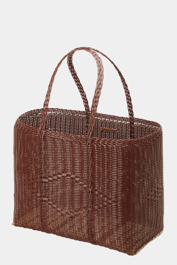 Palorosa Woven brown basket with handles on a light gray background