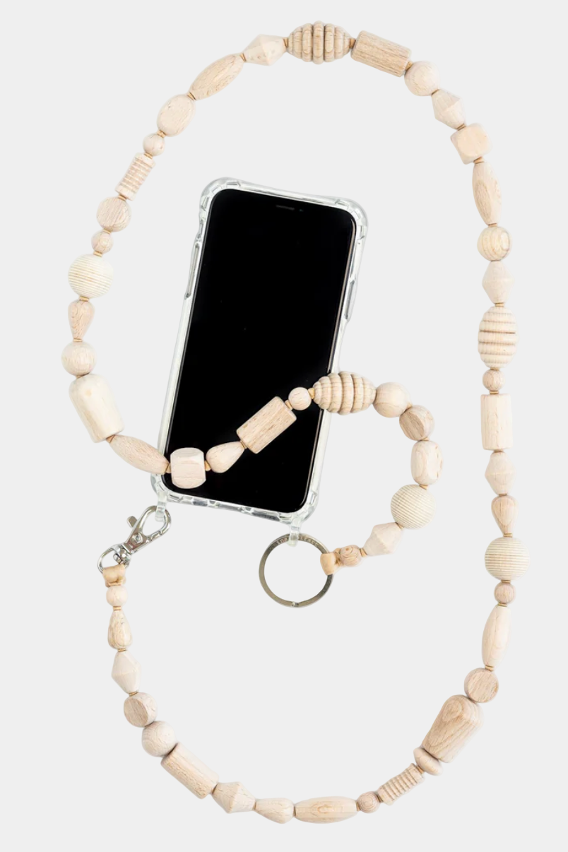 Phone case with beige beaded lanyard on a white background