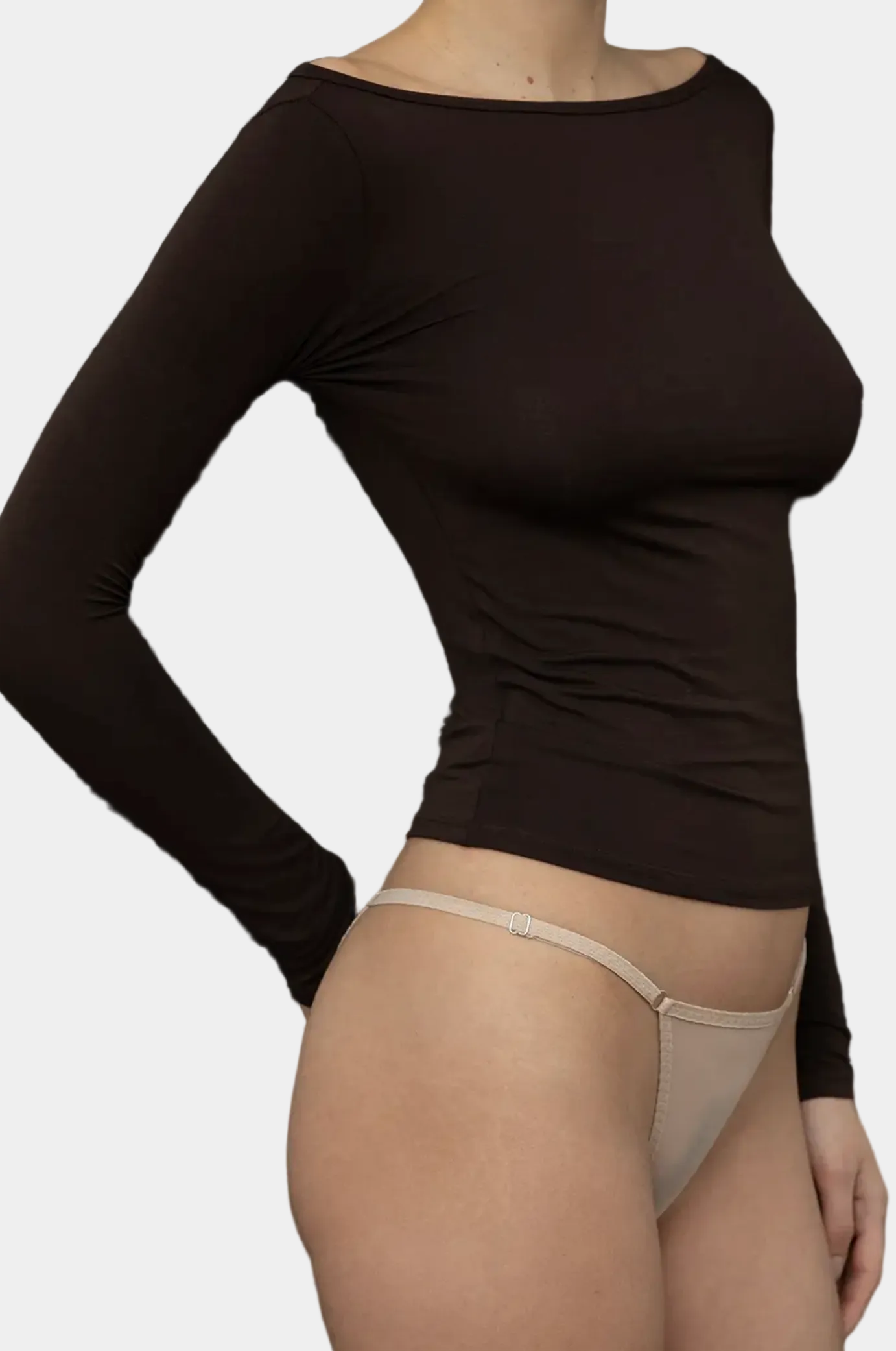 Side view showing slender sleeve fit on KYE Intimates Black Recline Bateau Long Sleeve - East Coast general
