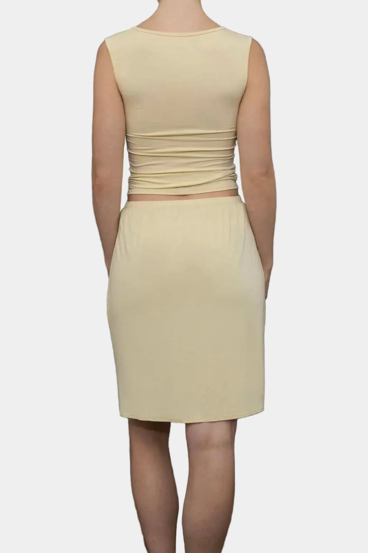 KYE Intimates Recline Skirt in Limoncello sheer bamboo jersey, viewed from the back- East Coast General