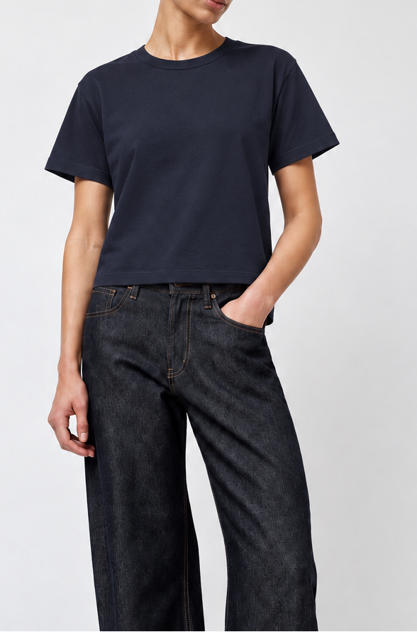 model wearing Sunray Sportswear Hi Aka t-shirt in Dark Navy - East Coast General