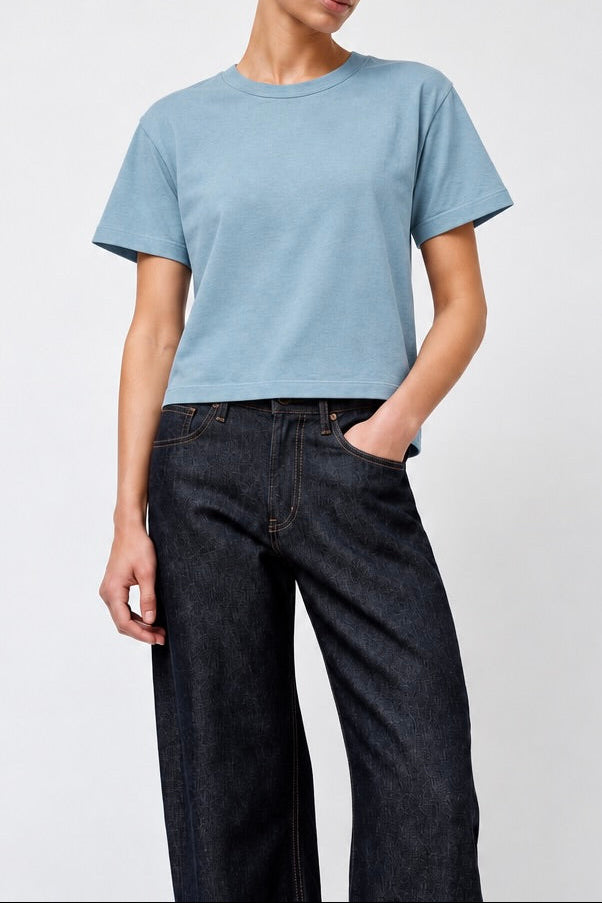 model wearing Sunray Sportswear Hi aka t-shirt in Smoke Blue with B Sides floppy jeans - East Coast General