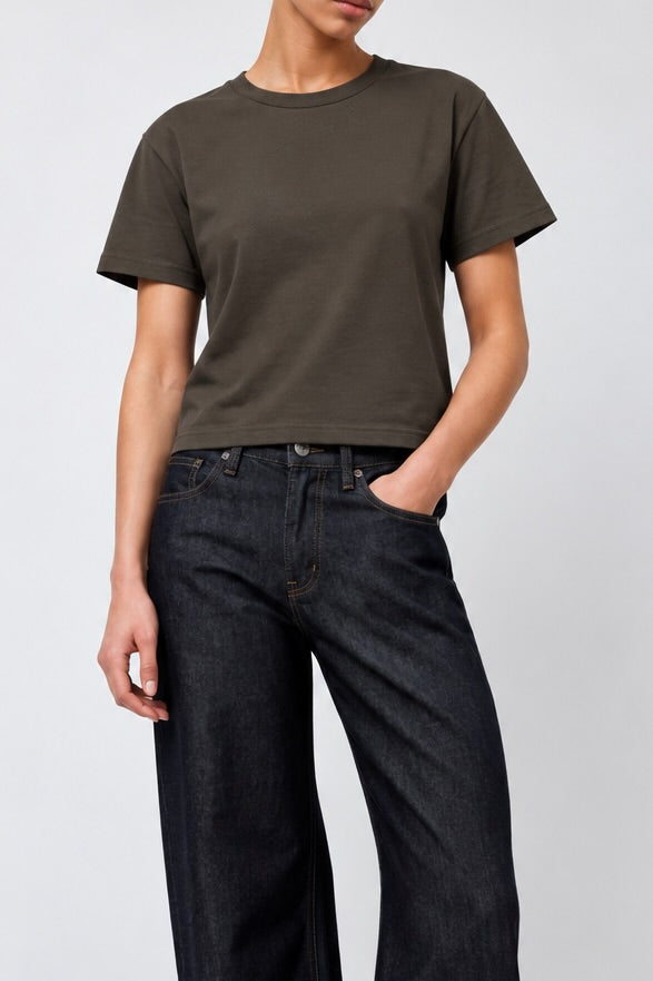 Model wearing Sunray Sportswear Hiaka T-shirt in Turkish Coffee with B Sides Floppy jeans - East Coast General