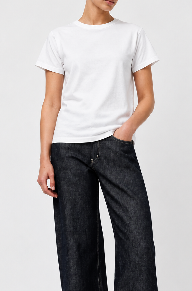 model wearing Sunray Sportswear Na'maka'oh tshirt in off white with B Sides floppy jeans - East Coast General
