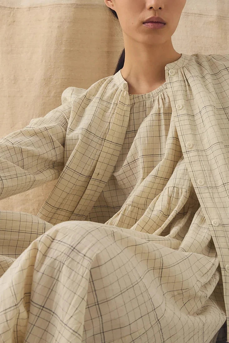 Close up view of a model wearing Toast Page Check Cotton Sleeveless Dress - East Coast General