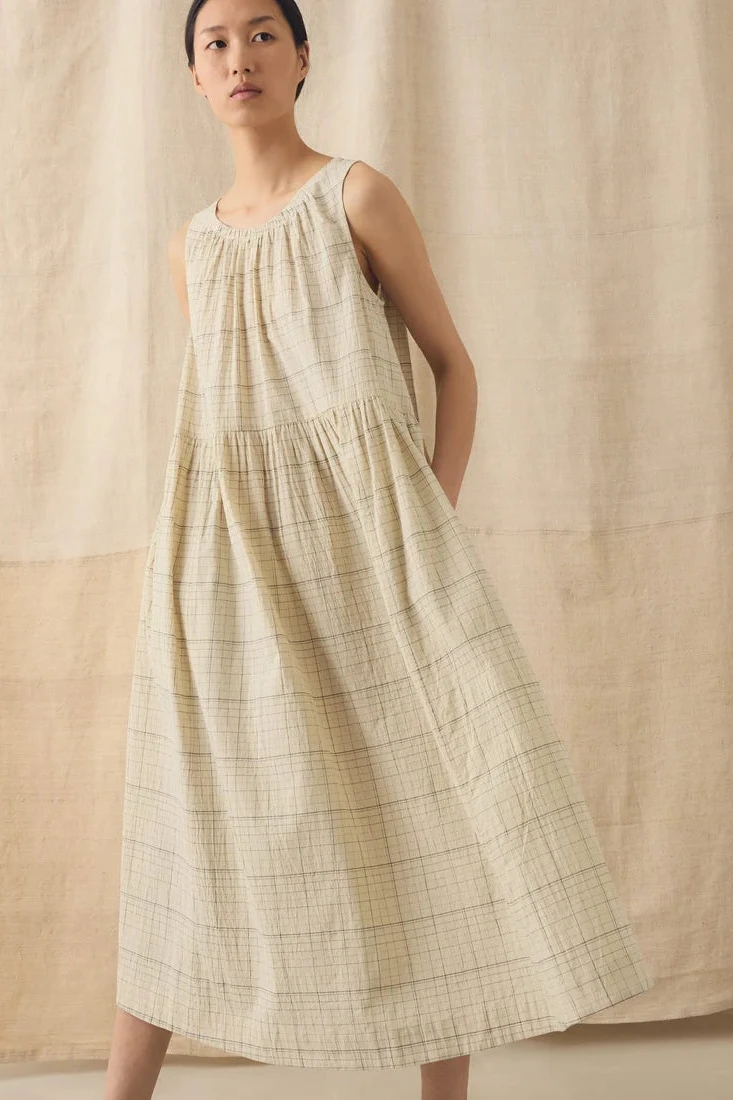 Front view of model wearing Toast Page Check Cotton Sleeveless Dress - East Coast General