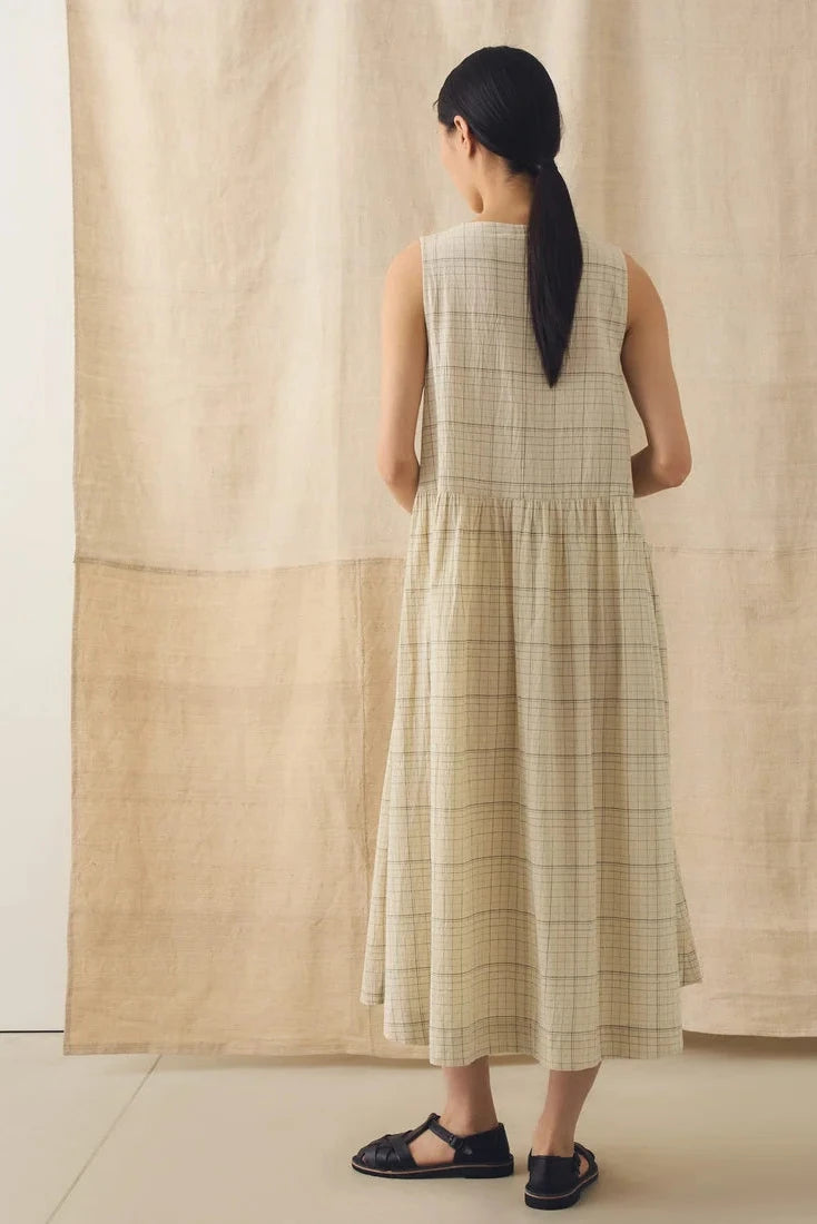 Rear view of model wearing Toast Page Check Cotton Sleeveless Dress - East Coast General