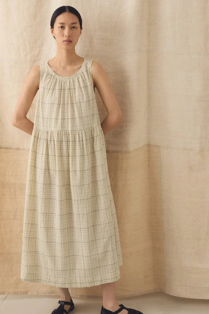 Front straight on view of a model wearing Toast Page Check Cotton Sleeveless Dress - East Coast General