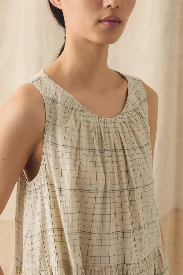 Detail shot of the neckline and chest area of Toast Page Check Cotton Sleeveless Dress - East Coast General