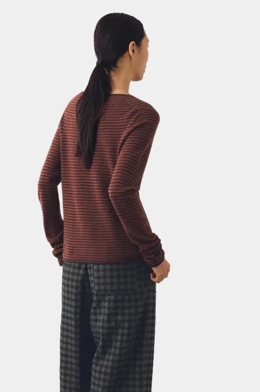 Back view of TOAST wool cashmere raglan sweater showing neat fit and bordeaux stripe design