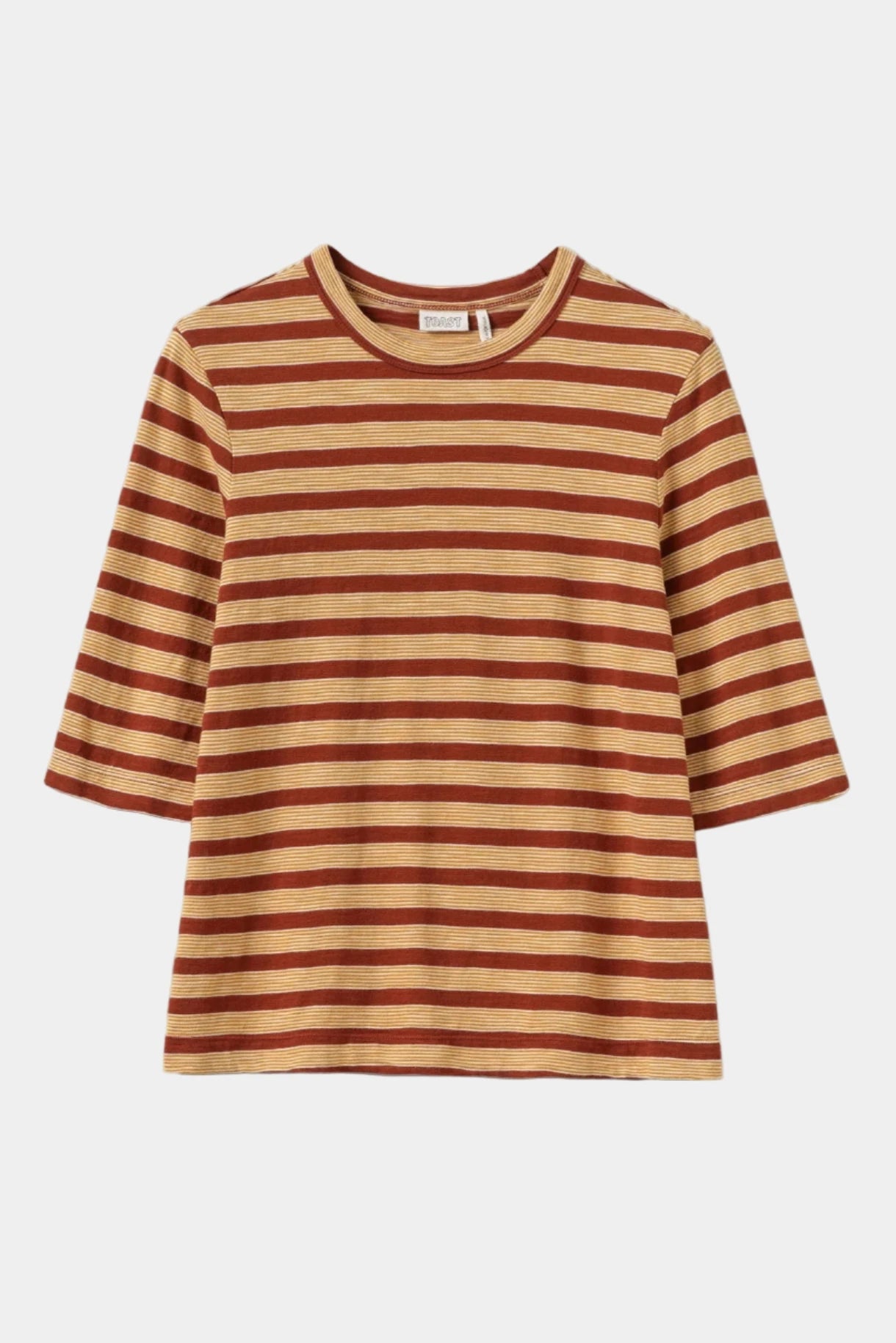Striped shirt with brown and beige pattern on a light gray background