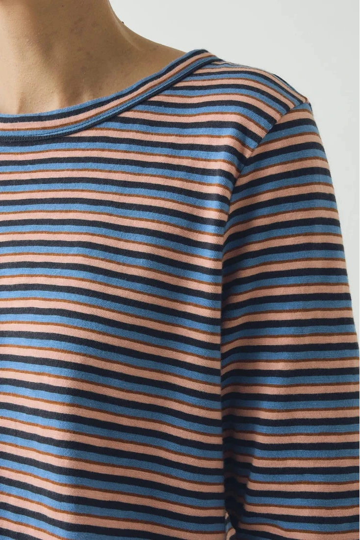 Close up detail of yarn-dyed slub cotton multi-stripe jersey texture on TOAST Cleo tee