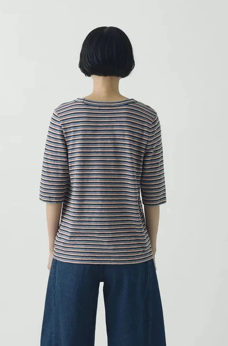 Back view of TOAST Cleo multi-stripe cotton jersey tee showing elbow length sleeve coverage