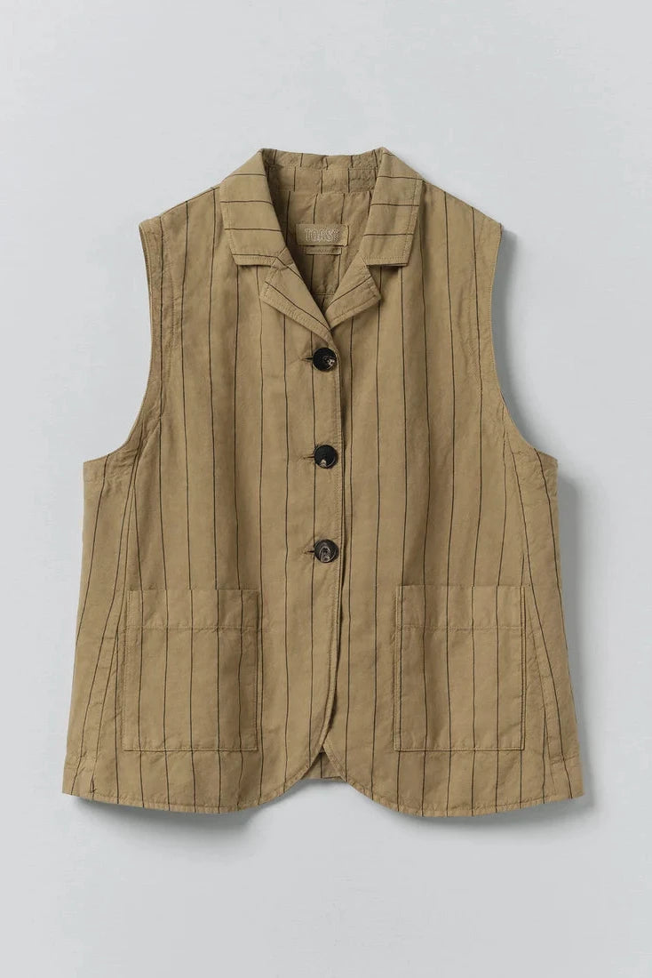 Beige vest with button details on a light gray background
