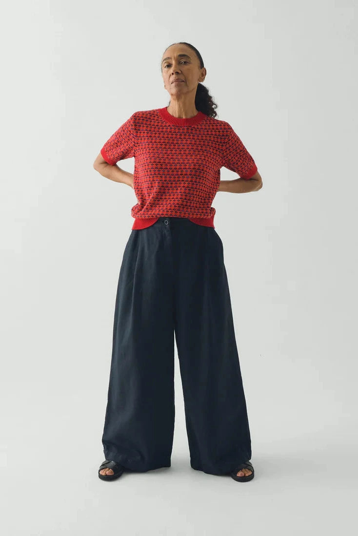 Person wearing a red patterned top and dark wide-leg pants on a white background
