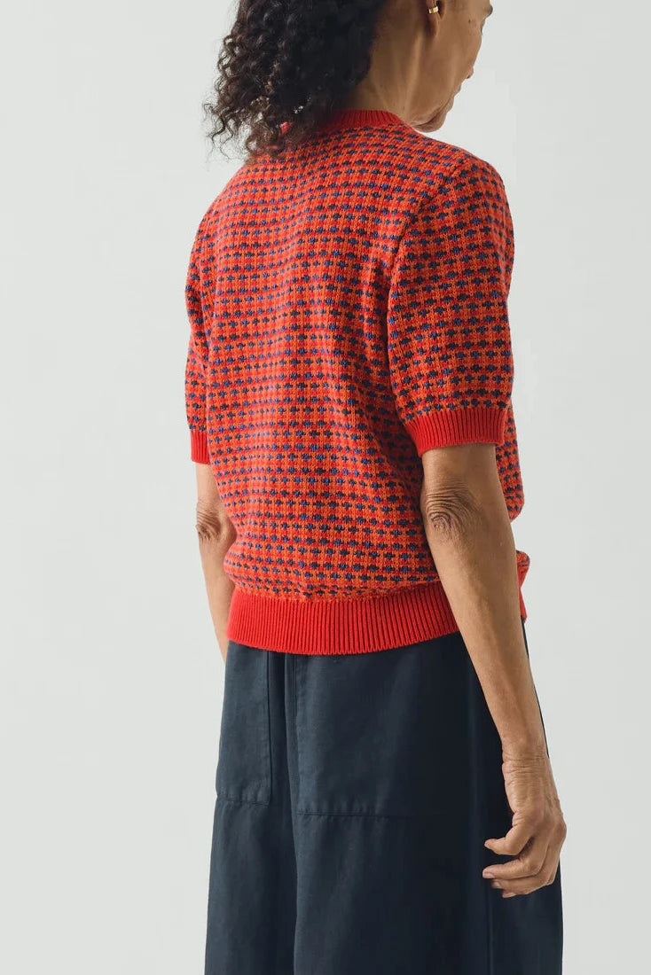 Person wearing a red and black patterned sweater with a plain background