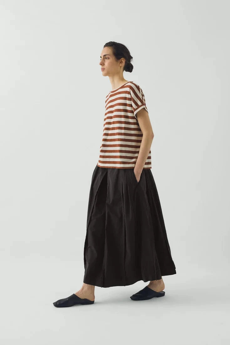 TOAST Slate Box Pleat Skirt styled with Striped oversized tee