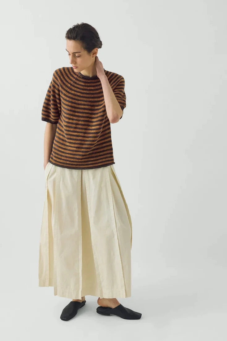 TOAST Cotton Linen Box Pleat Skirt in Ecru paired with an oversized striped shirt