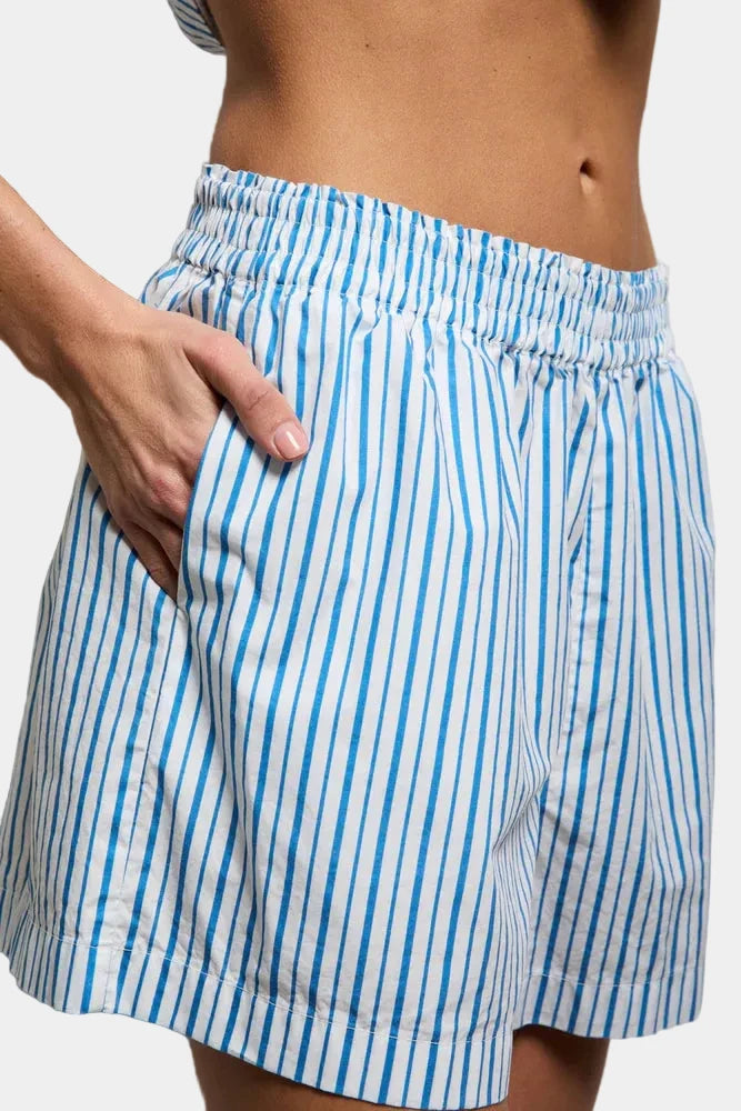 Model wearing perfectwhitetee Julie Stripe Cotton Poplin Short with elastic waistband at East Coast General