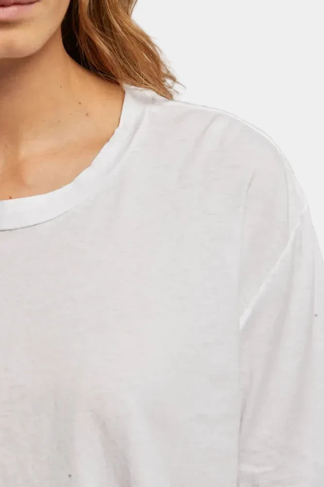 Close-up of a person wearing a plain white shirt against a neutral background
