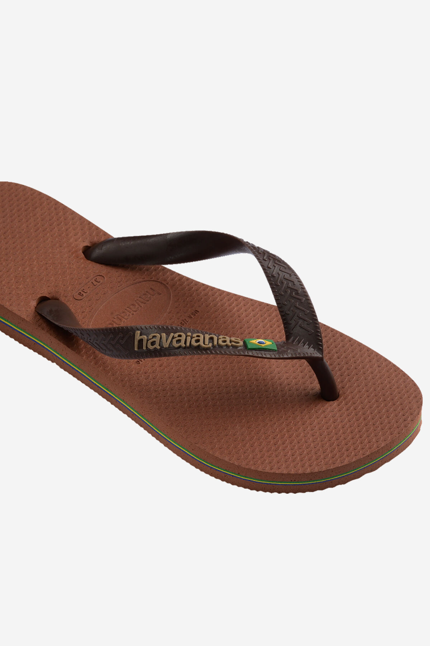 Havaianas Brasil Logo brown rubber flip flops in Rust Coffee with Brazilian flag strap at East Coast General