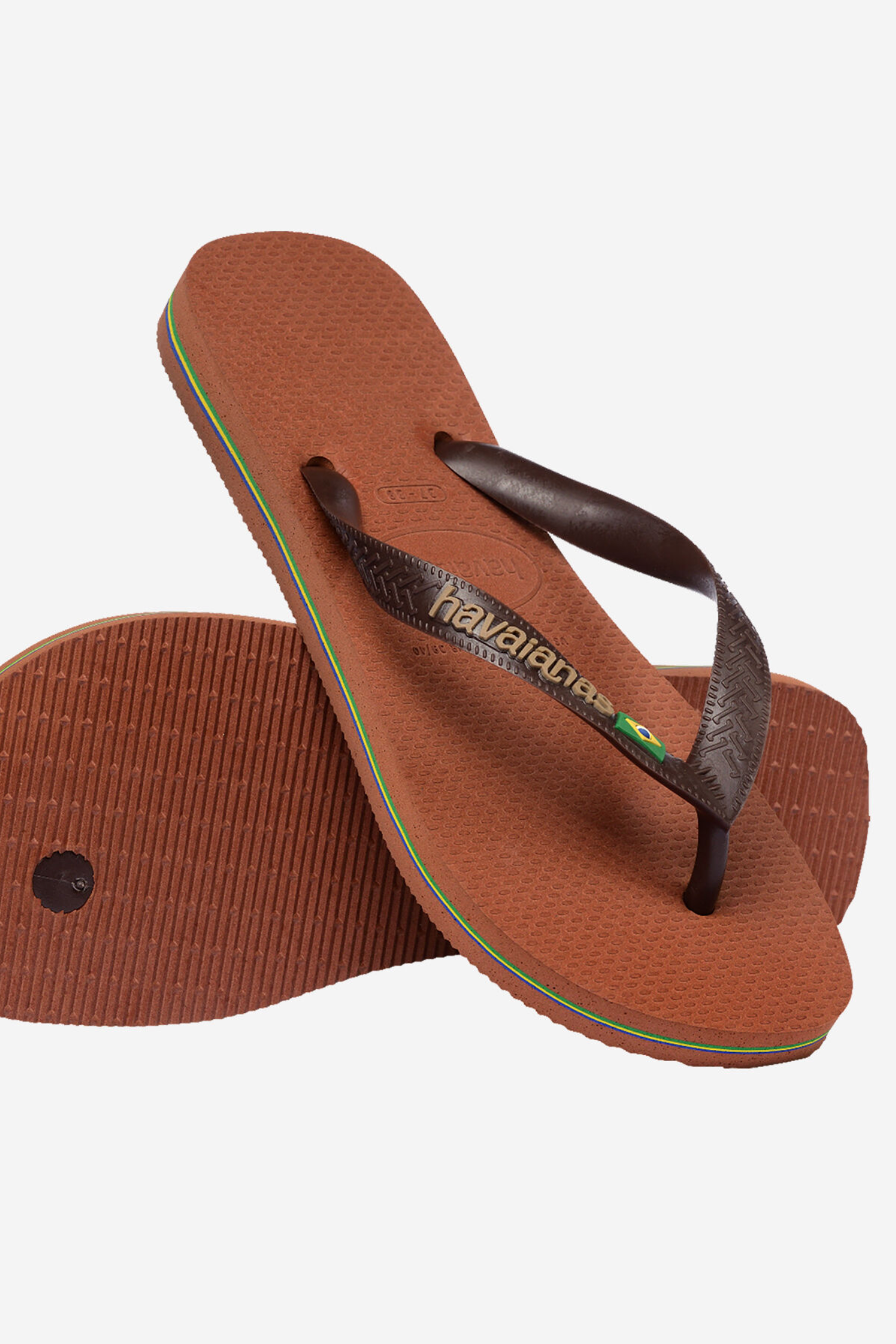 Havaianas Brasil Logo brown rubber flip flops in Rust Coffee with Brazilian flag strap at East Coast General