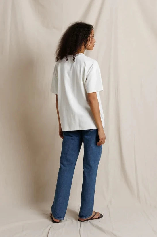 Model wearing perfectwhitetee Camryn oversized heavy cotton tee back view