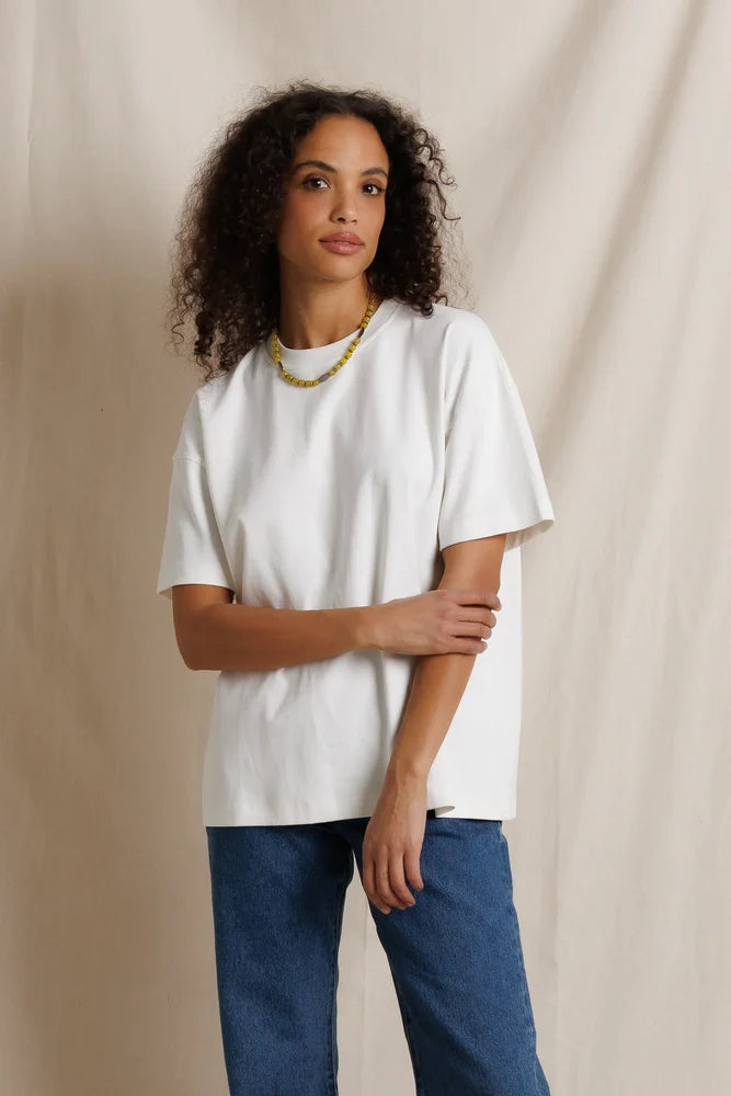 Model wearing perfectwhitetee Camryn oversized heavy cotton tee front view - East Coast General