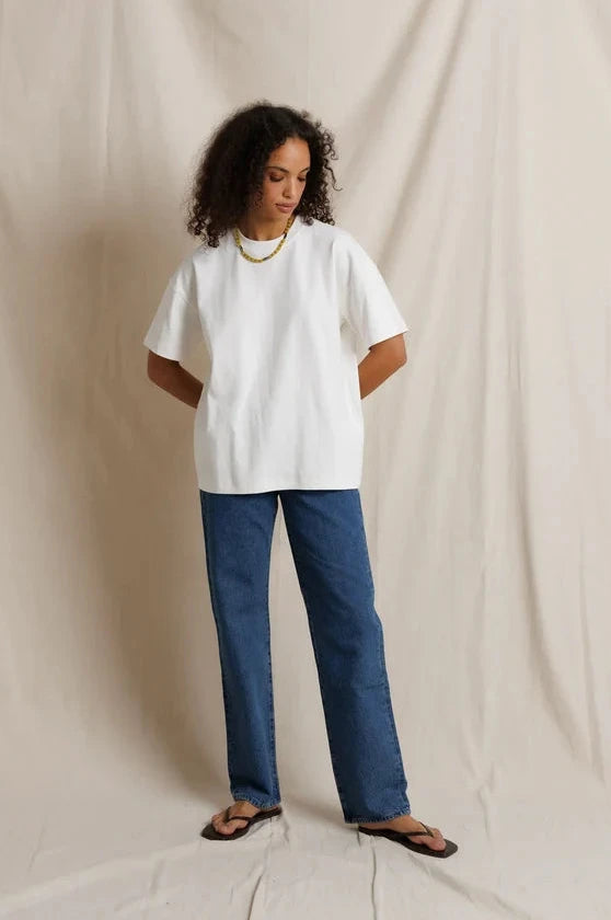 Model wearing perfectwhitetee Camryn oversized heavy cotton tee front view - East Coast General