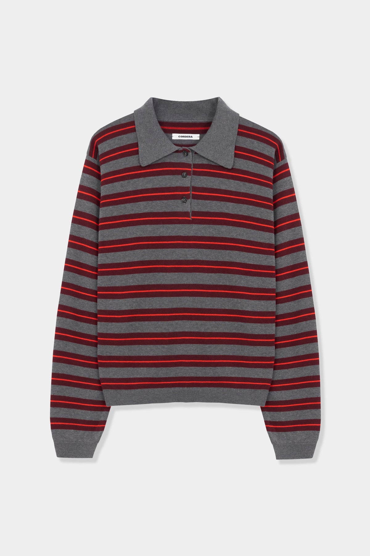 Cordera Organic Cotton Striped Polo in grey with burgundy stripes on white background - East Coast General