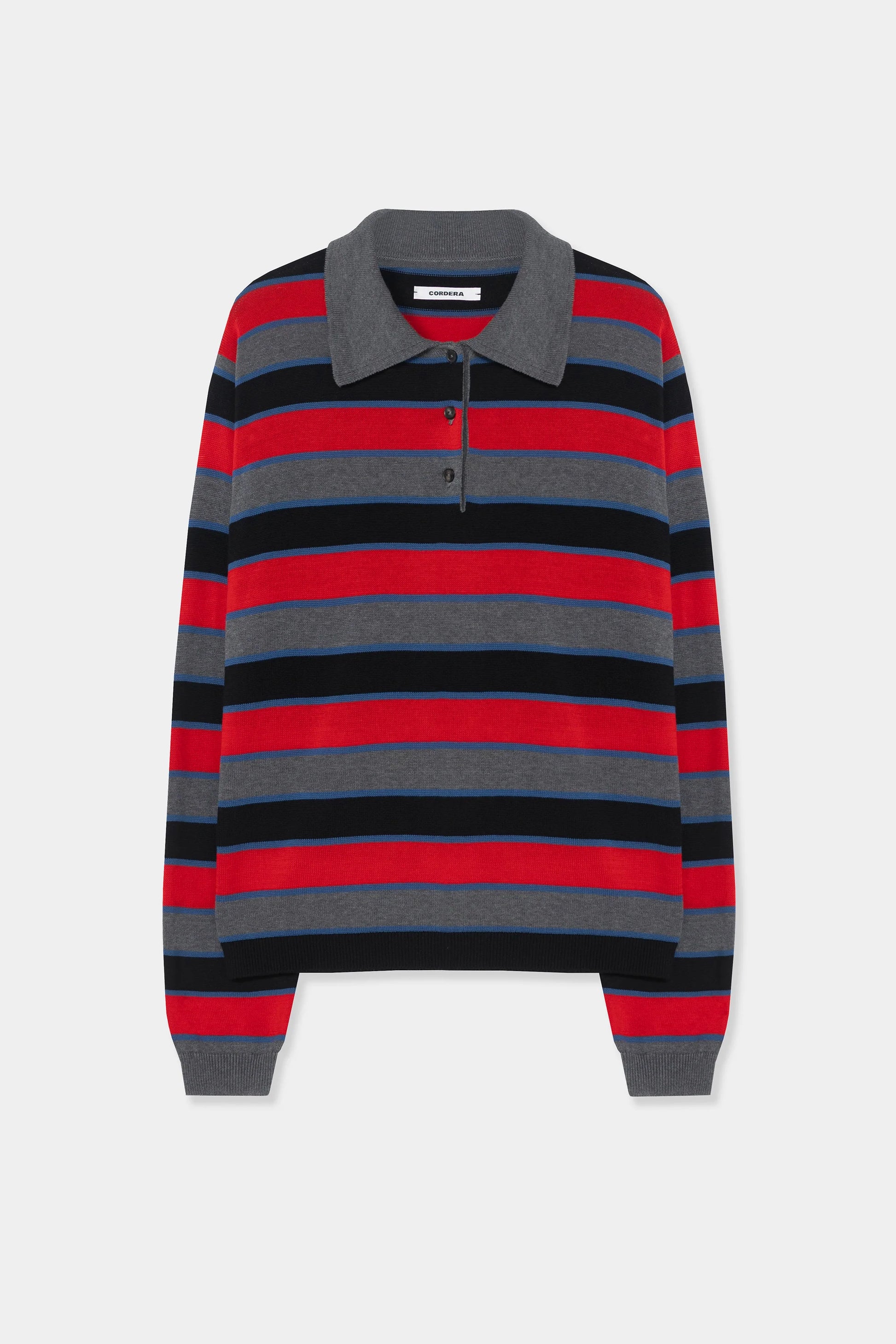 Striped sweater with red, gray, and black colors on a white background