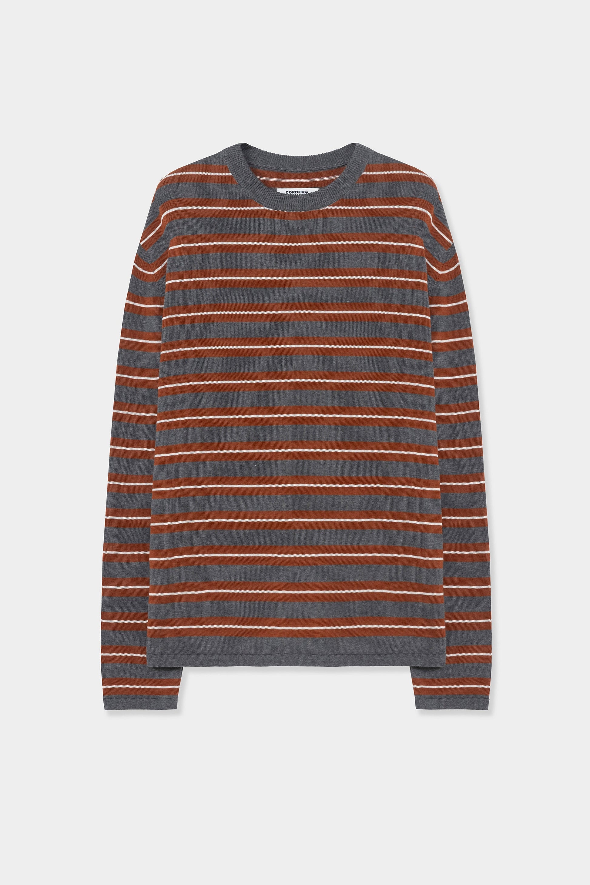 Striped sweater with red and gray horizontal stripes on a white background