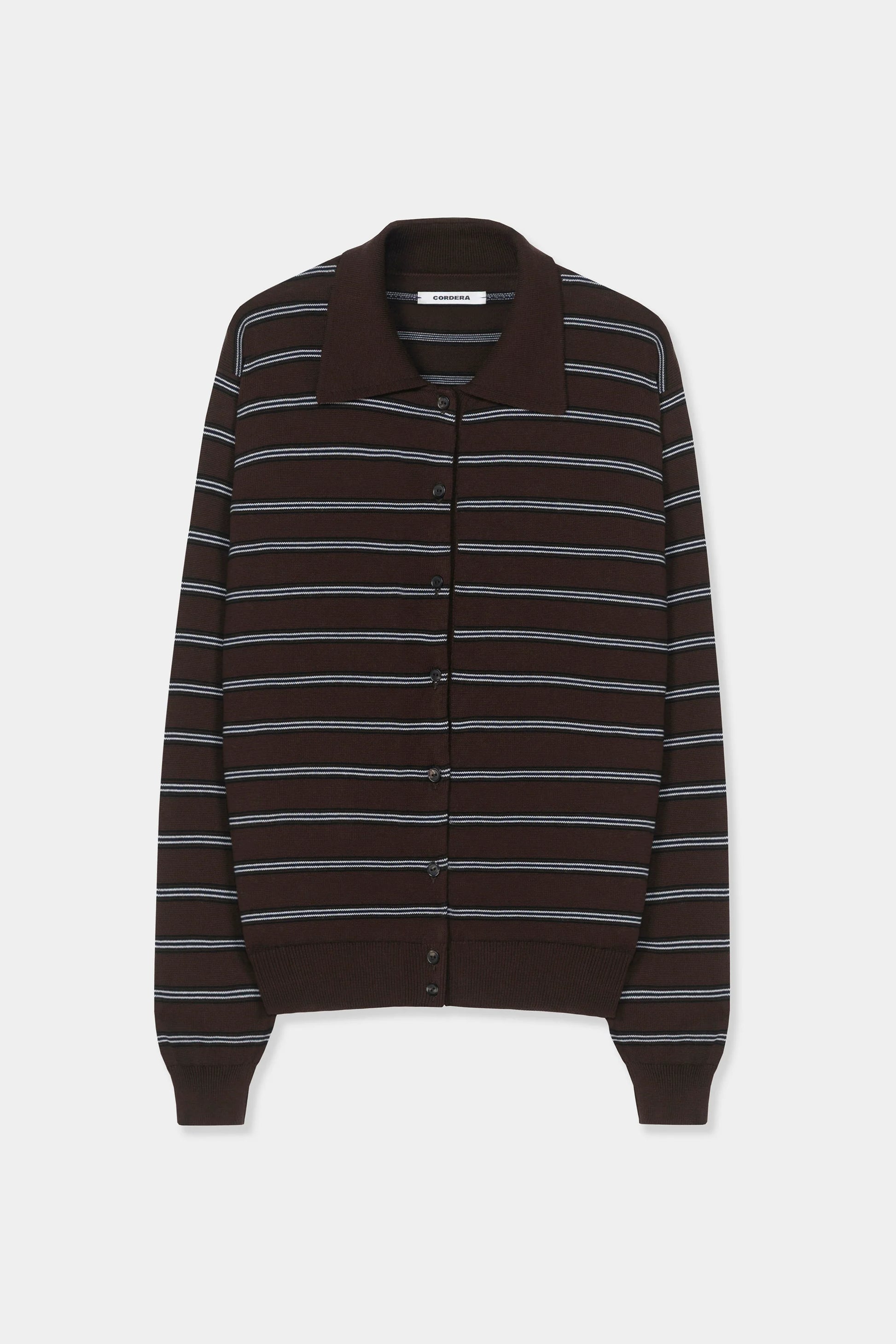 stripe cotton polo cardigan laying flat on a white background