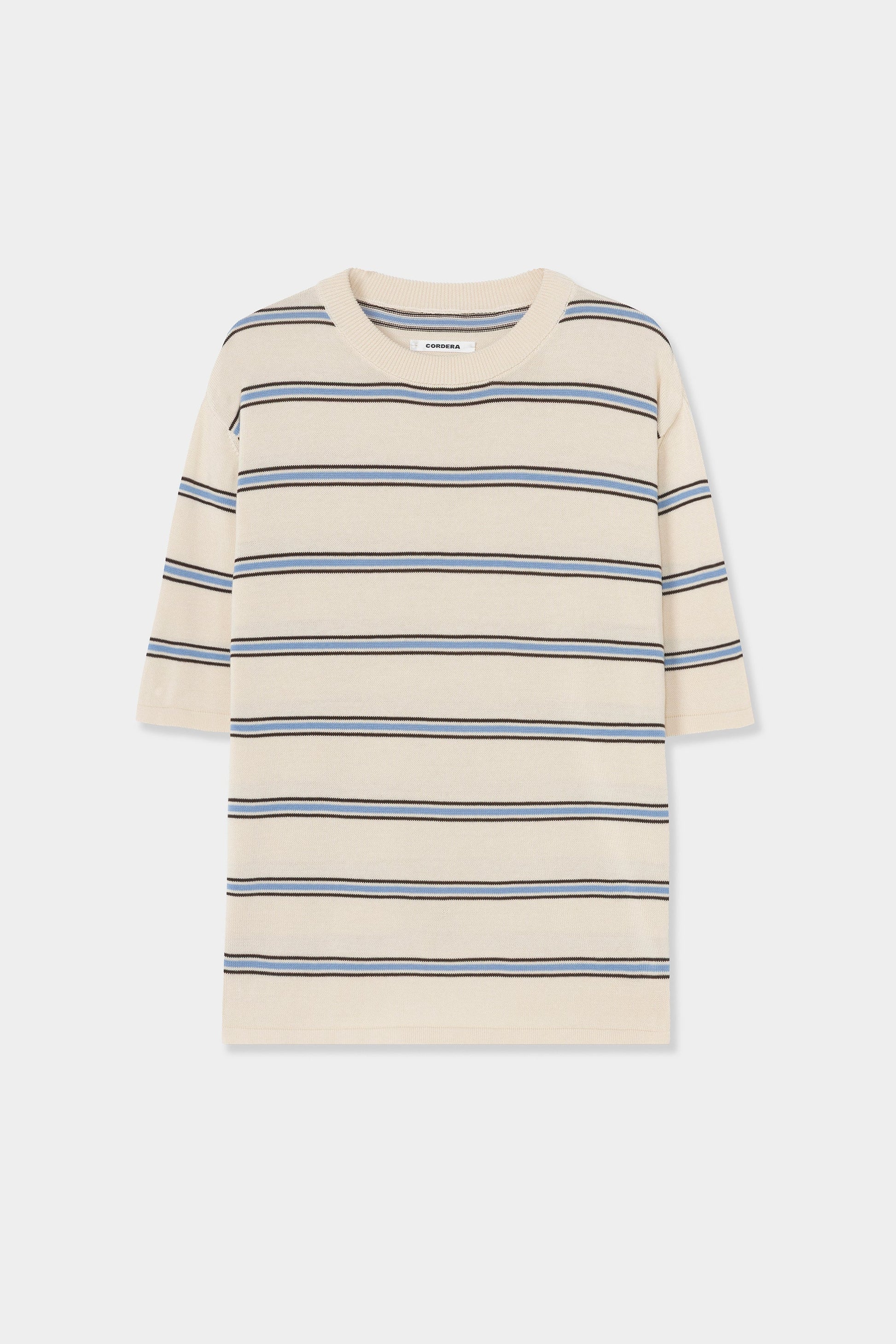 Striped dress with blue and gray lines on a white background